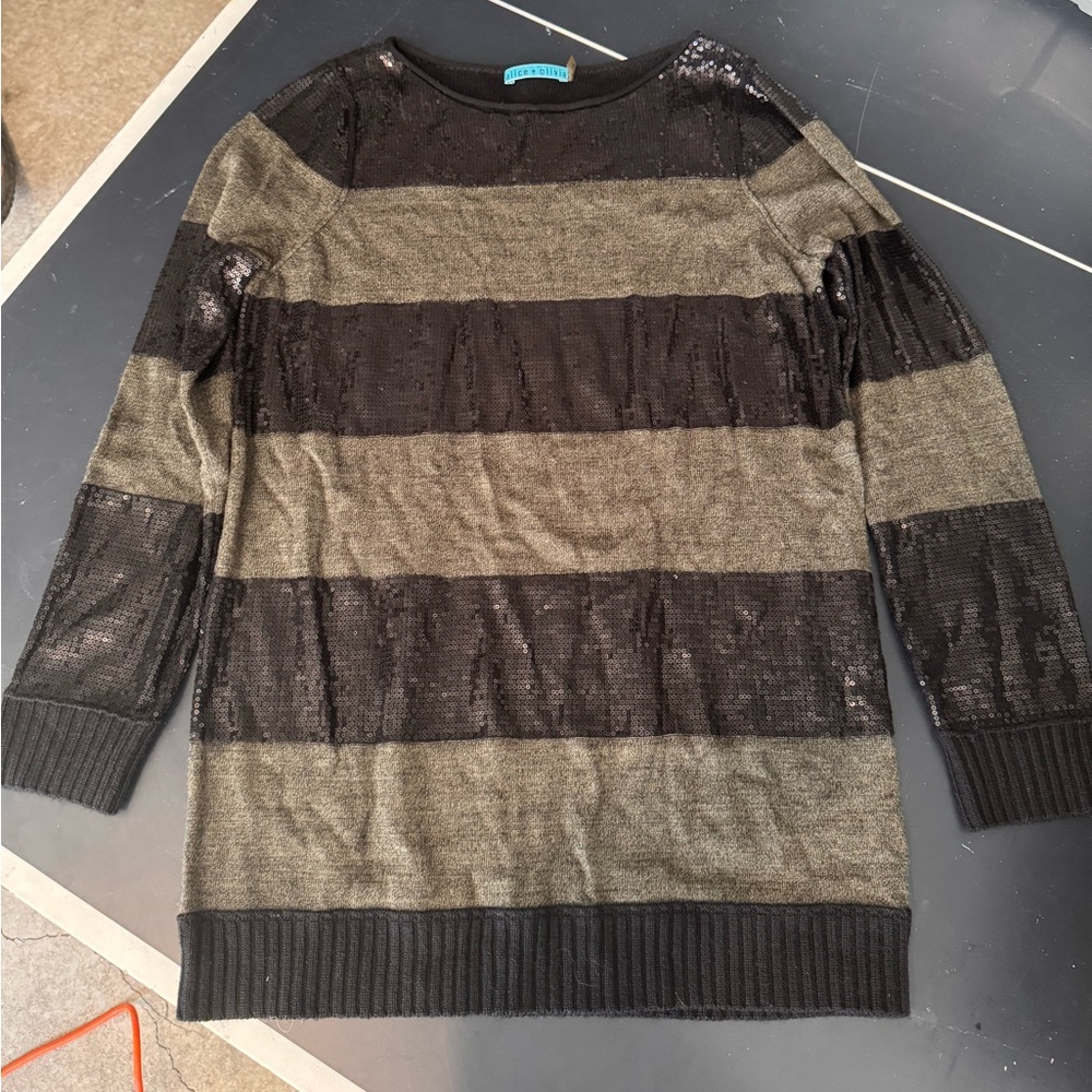 Alice + Olivia Black sequence and grey/brown Striped Sweater